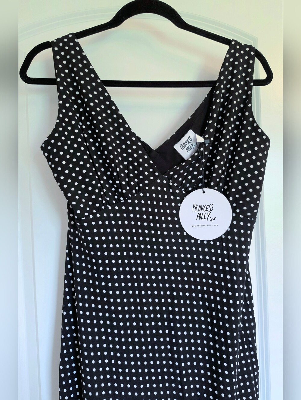 Princess Polly Black and White Polka Dot Sleeveless V-Neck Maxi Dress